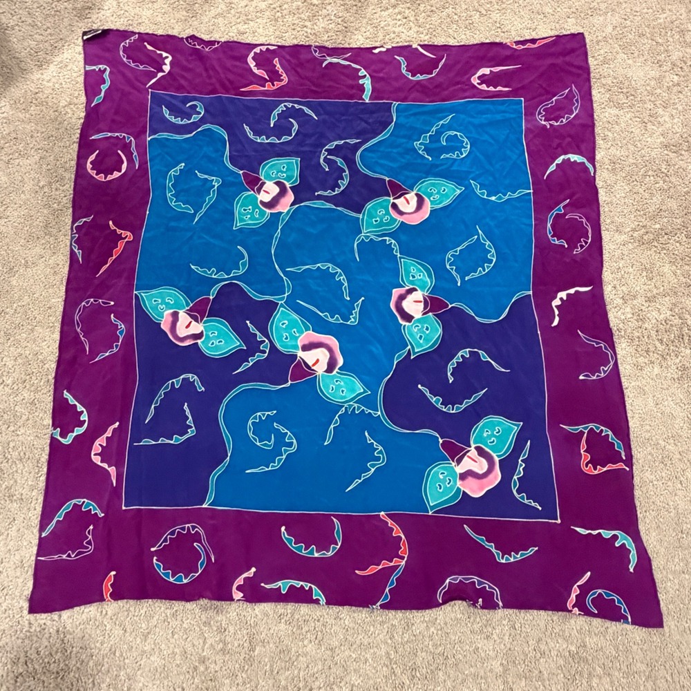 SILKSCAPES Women Scarf OS Hand Painted Floral Silk Large Square Art Wear Purple‎